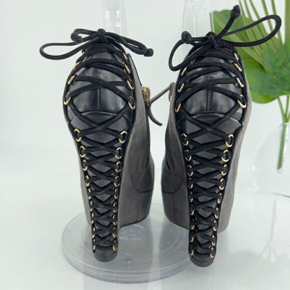Saint Laurent Madge Suede Wedge Boots Women's Size 36 6 Gray Platform Lace Up - Picture 7 of 16